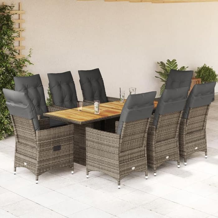 VidaXL Garden Dining Set 9 Pcs Grey Cushions Wicker, Outdoor Dining Set, Furniture of 3276733