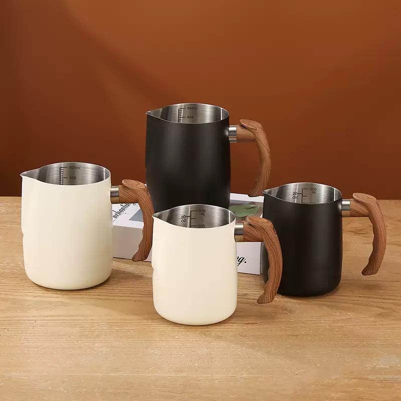 Stainless Steel Latte Art Cup with Wooden Handle and Scale - Thickened Milk Frothing Cup with Pointed Spout for Coffee Art