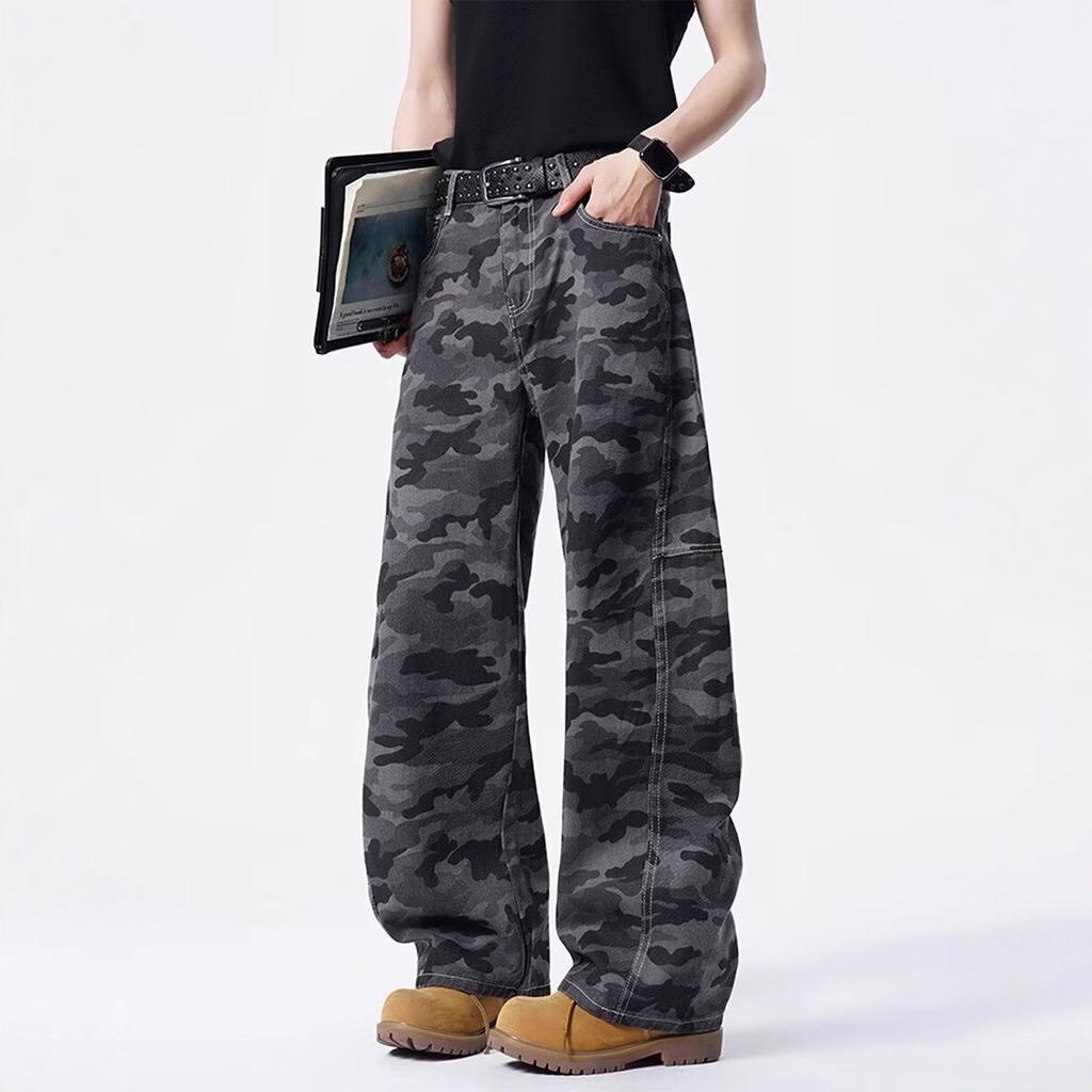 American Retro Camouflage Wide-leg Jeans Men's Trendy Brand Scimitar Logging Pants Loose Tooling Straight Casual Long Pants
