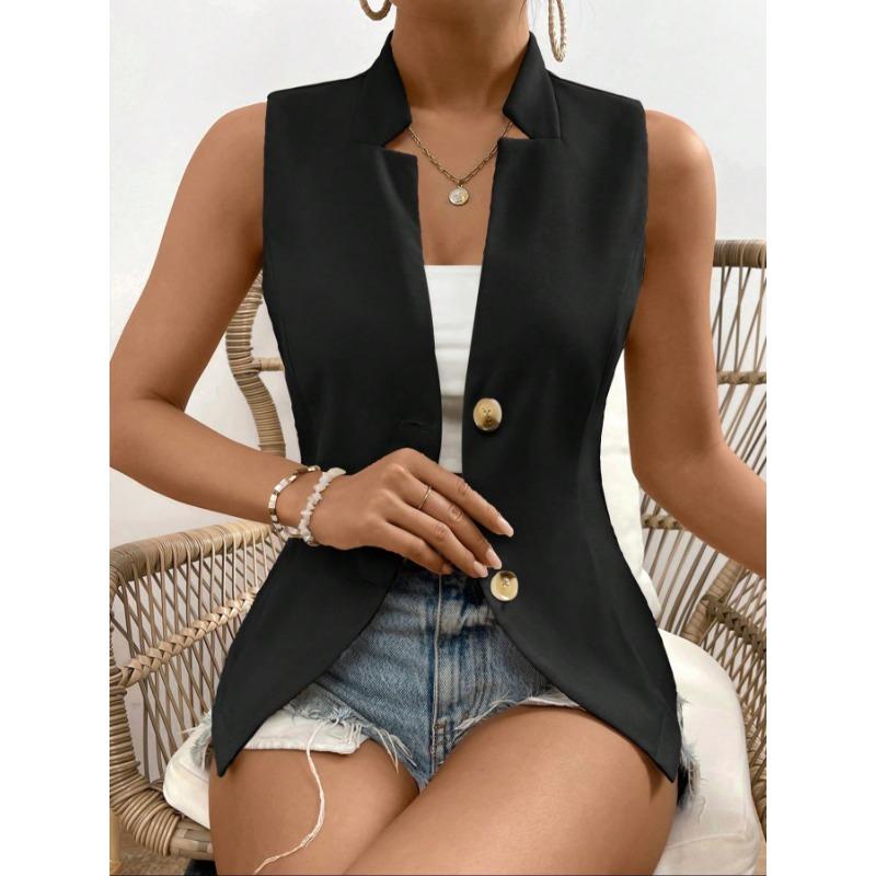 Women V Neck Sleeveless Blazer Vest with Padded Bust Single Breasted Slim Fit Casual Office Waistcoat