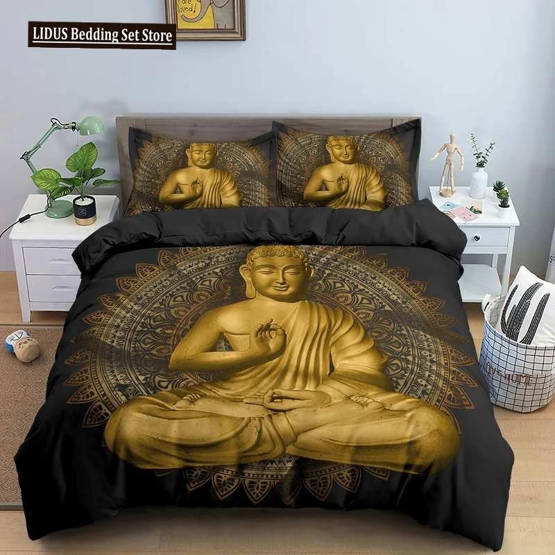 Buddha Bedding Set Indian Religion Buddhism Meditation Mandala Duvet Cover Smile Buddha Floral Soft Quilt Cover Queen King Size