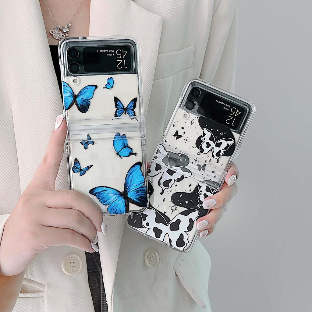 Ins Butterfly Cow 3d Bracelet Cute Cartoon Clear Couple Phone Case For Samsung Galaxy Flip3 Flip4 Z Flip 3 4 5g Back Cover Capa