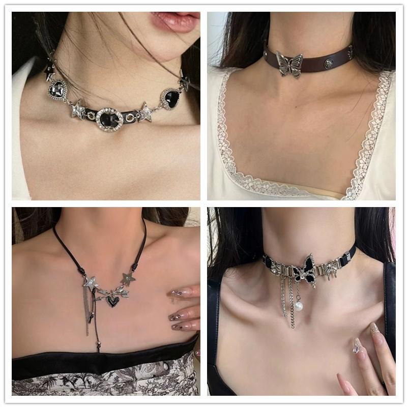 Y2K Vintage Butterfly Cross Heart Star Necklace For Women Men Punk PU Leather Choker Jewelry Grunge Charms Stuff EMO Accessories