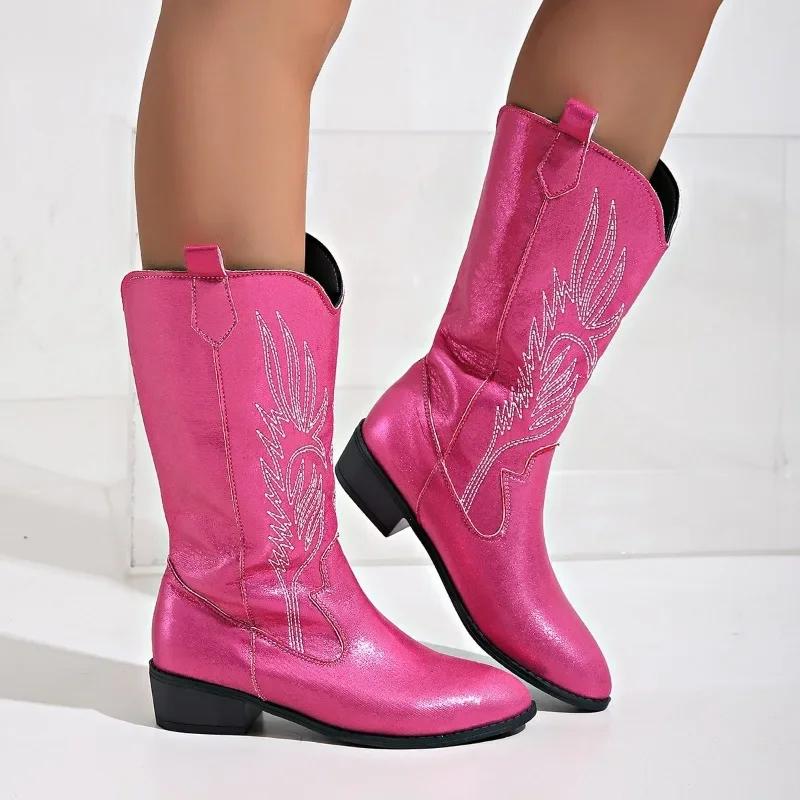 Winter Shoes Female Slip-on Women's Mid-Calf Boots Square Low Heel Casual Embroider Ladies Pink Satin Embroidery Carve Designs