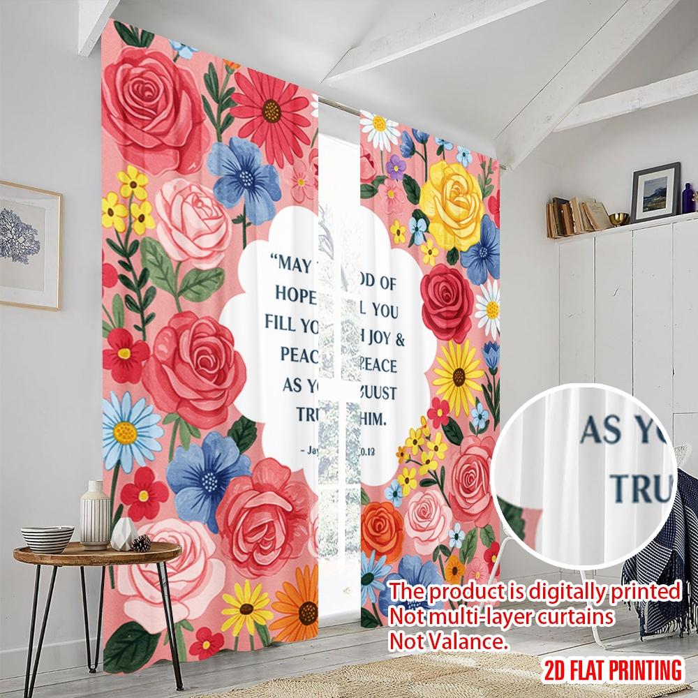 2pcs 2D Flat Printing Curtains Floral Hope Joy Peace Trust Fabric Without Electricity Family Party Perfect for Holiday Family