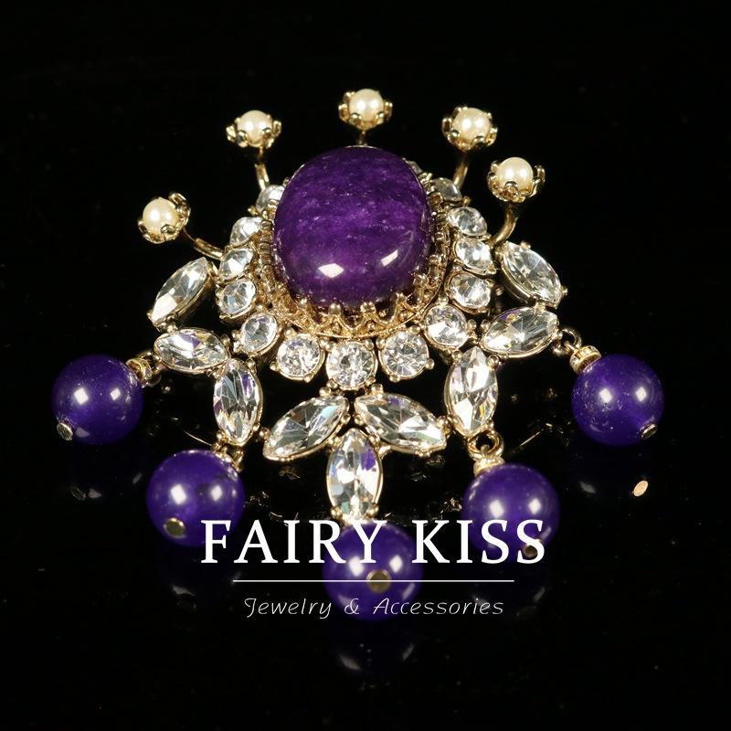 Brooch Inlaid with Zircon Pearl Purple Stone European and American Heavy Industry High-end Women's Pin Accessories