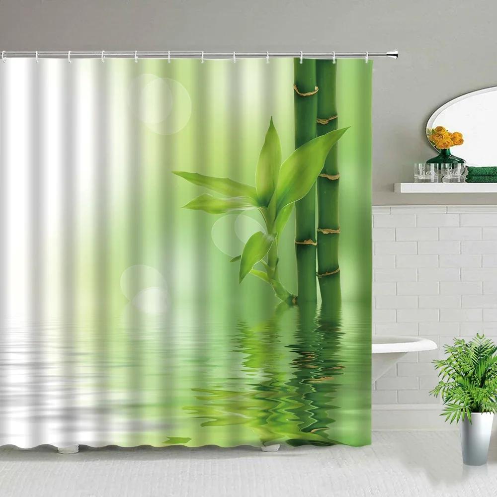 Chinese Style Green Bamboo Series Shower Curtain Set Waterproof Home Bathroom Decor Curtains With Hook Popular Bath Accessories