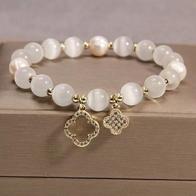1PC Elastic Cat's Eye Stone Bracelet Pearl Elastic Bracelets Jewelry Charm Gift Zircon Bracelet for Women