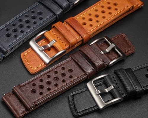 [hemsut H] Genuine Leather Watch Band, Perforated Design, Soft and Flexible, Italian Vegetable Tanned Leather Quick Release Band