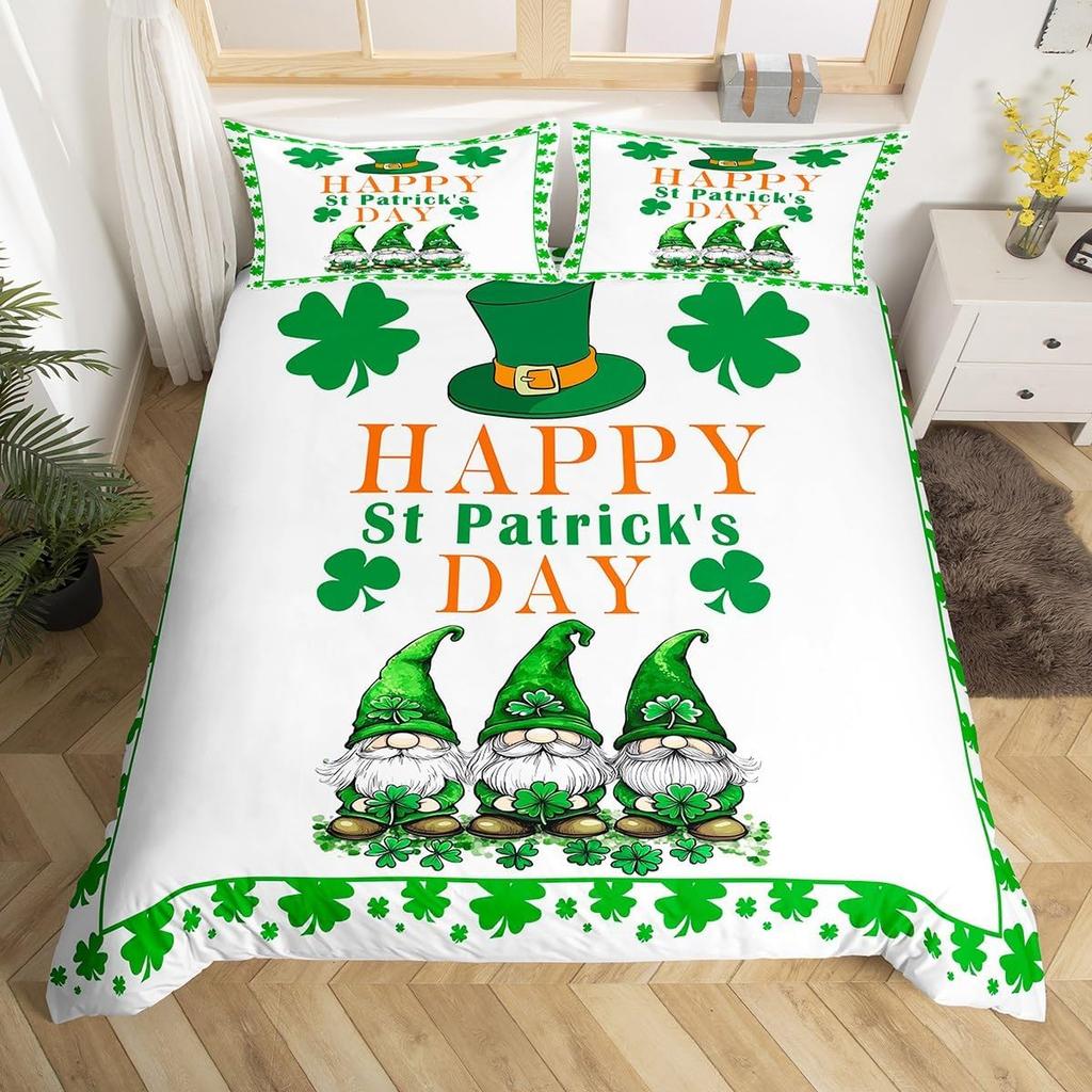 St. Patrick'S Day Duvet Cover Full Queen Spring Gnomes Comforter Cover 2/3 Pcs Green Botanical Leaves Flower Clover Bedding Set
