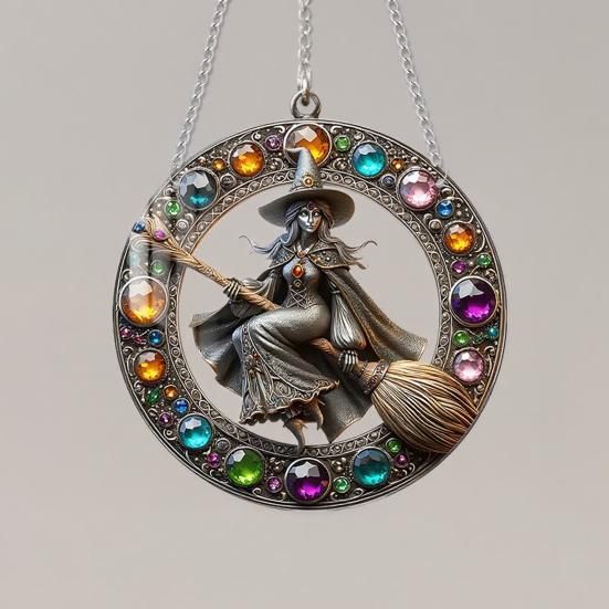 Yousheng Halloween Witch Flying Broom Suncatcher Faux Crystal Magic Witch Wall Art Decor Acrylic Stained Glass Window Hanging Sun Catcher for Home