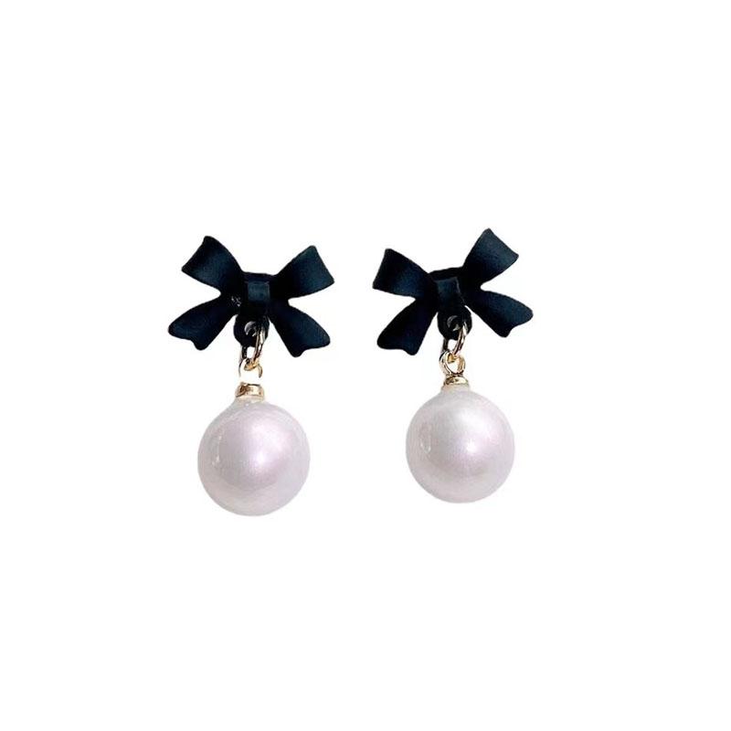Black Red Bowknot Elegant Hanging Earrings Imitation Pearl Ball Pendants Korean Fashion Sweet Small Earrings Brincos 2025 New