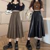 2025 Autumn/Winter Women's High-Waisted PU Leather A-Line Midi Skirt - Elastic Waist, Loose Bodycon Design