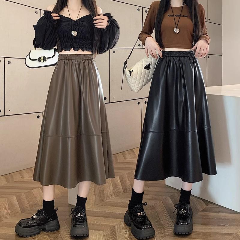 2025 Autumn/Winter Women's High-Waisted PU Leather A-Line Midi Skirt - Elastic Waist, Loose Bodycon Design
