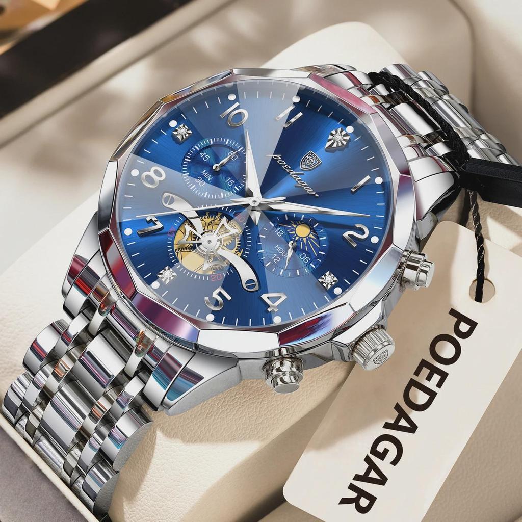 POEDAGAR Exquisite Business Men Watch Waterproof Luminous Chronograph Luxury Man Watches Stainless Steel Men's Quartz Wristwatch