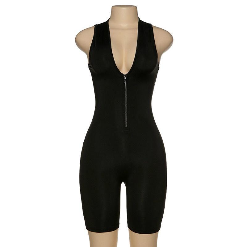 V Neck Zipper Bodycon Rompers Womens Jumpsuit Sleeveless Summer Sporty Workout Biker Shorts Playsui