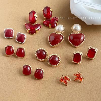 Elegant Retro Red Heart Pearl Earrings for Women - French Style Jewelry