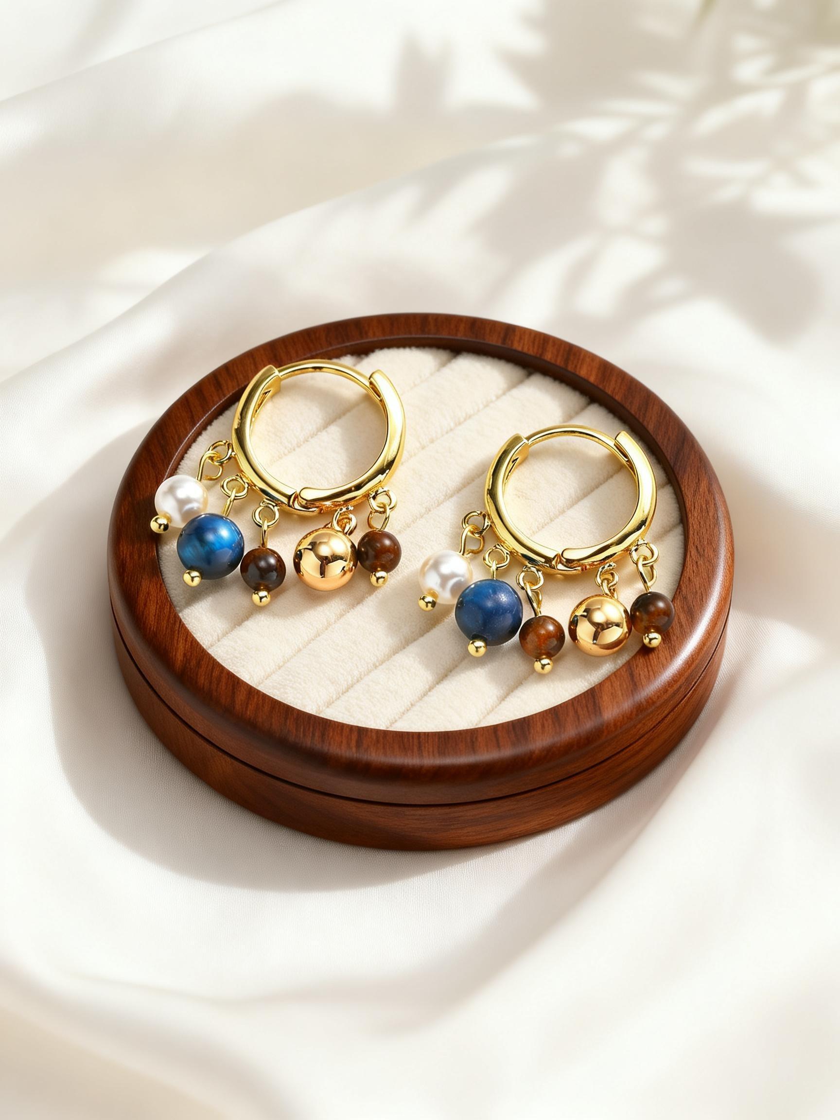 Retro Natural Stone Bead Huggie Hoop Earrings  Boho Multi Bead Drop Earrings Dangle Earrings Jewelry Gift