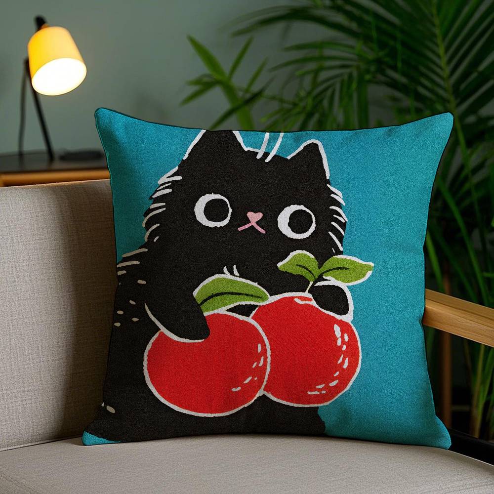 Hand Drawn Cartoon Happy Cat Pillow Case Anti-dustmite Pillowcase Invisible zipper silky short plush Sofa cushion cover