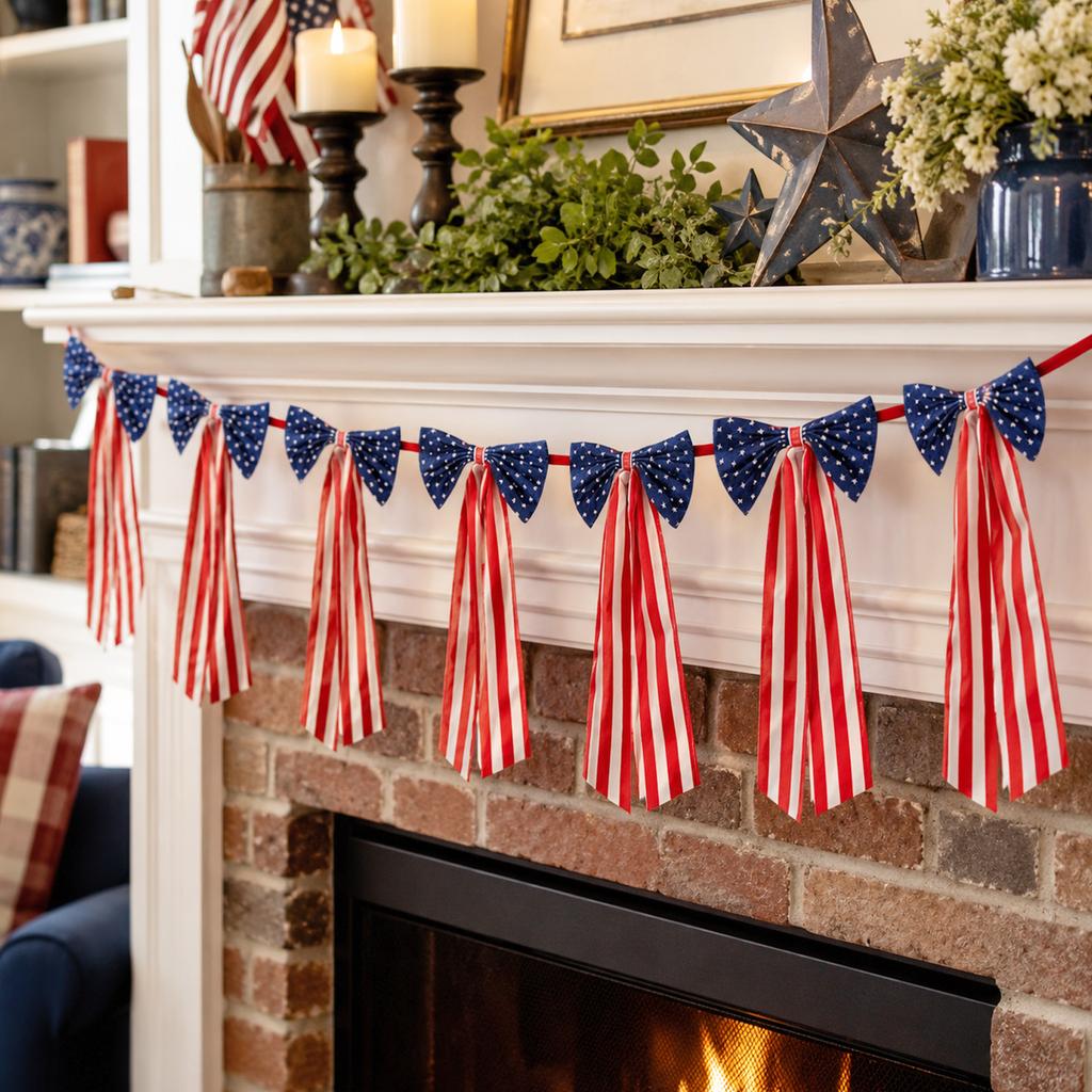 Patriotic Star Bow Tassel Banner Hanging Decoration for Memorial Day Independence Day Party Indoor Outdoor Decor
