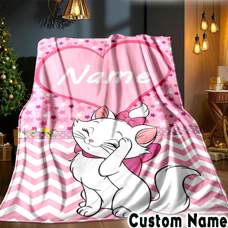 Custom Name Elegant white cat Blanket Bedding Blanket Picnic Blanket for Women Men, Throw Blankets for Couch Bed, Christmas and Halloween gifts