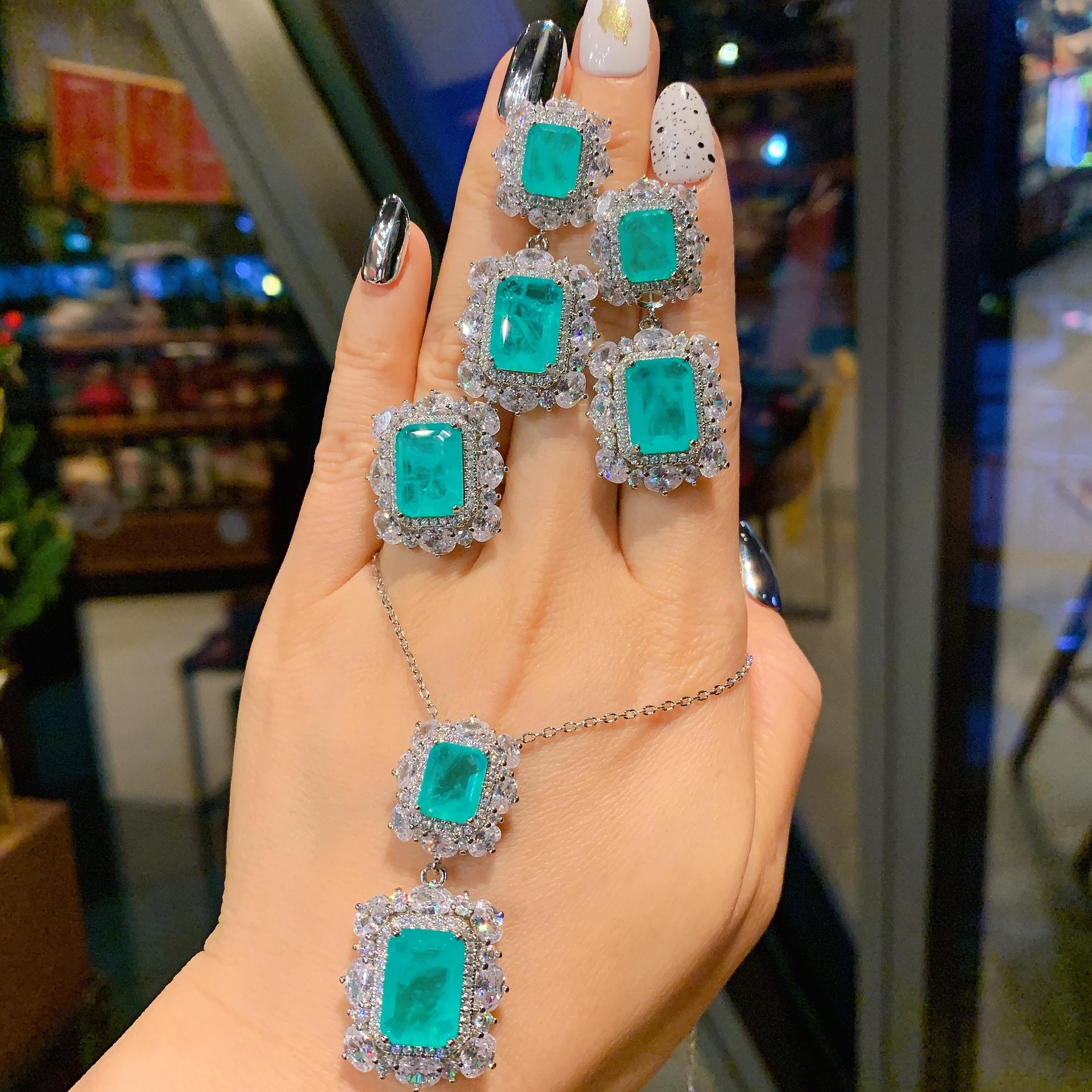 

2026 New 925 Sterling Silver Paraiba Necklace Pendant Ring Earring for Women Luxury Wedding Party Fine Jewelry Set Friends Gift One size