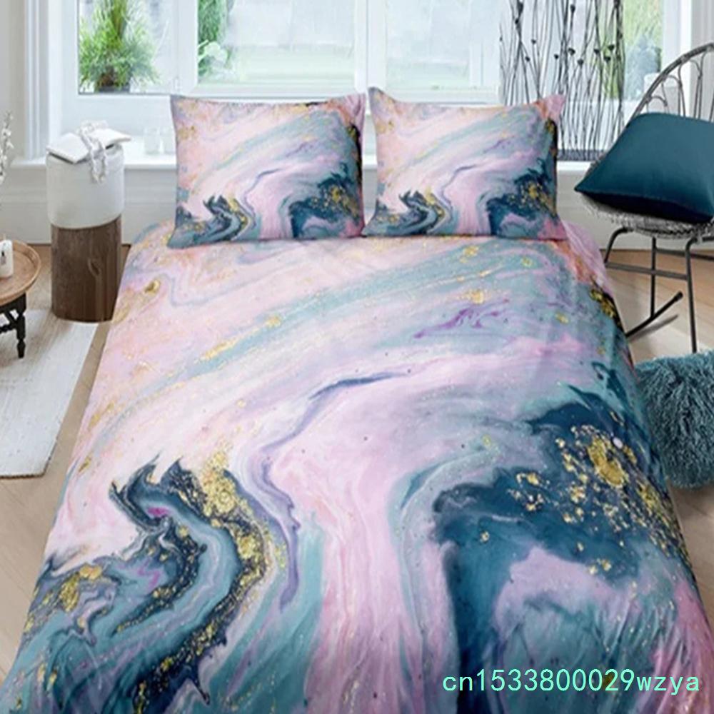 Schicker Marmor-Bettbezug aus Mikrofaser, Mint, Gold, Glitzer, Türkis, Bettwäsche-Set, abstrakt, Aquablau, Bettbezug für Einzelbett, Doppelbett, volle Größe