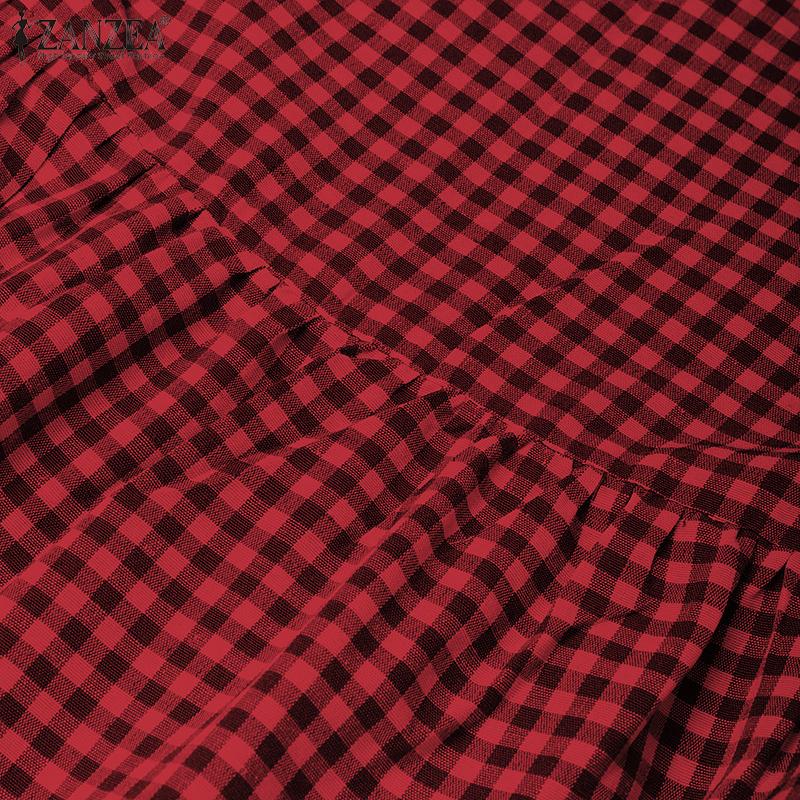 ZANZEA Women Casual V-Neck Summer Short Sleeve Plaid Print Dress