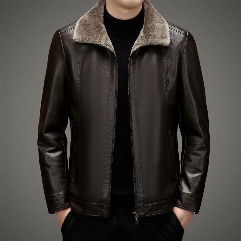 Dad, good leather jacket, real winter velvet, large size leather jacket, fur, middle-aged and elderly Haining integrated package plus men's coat.