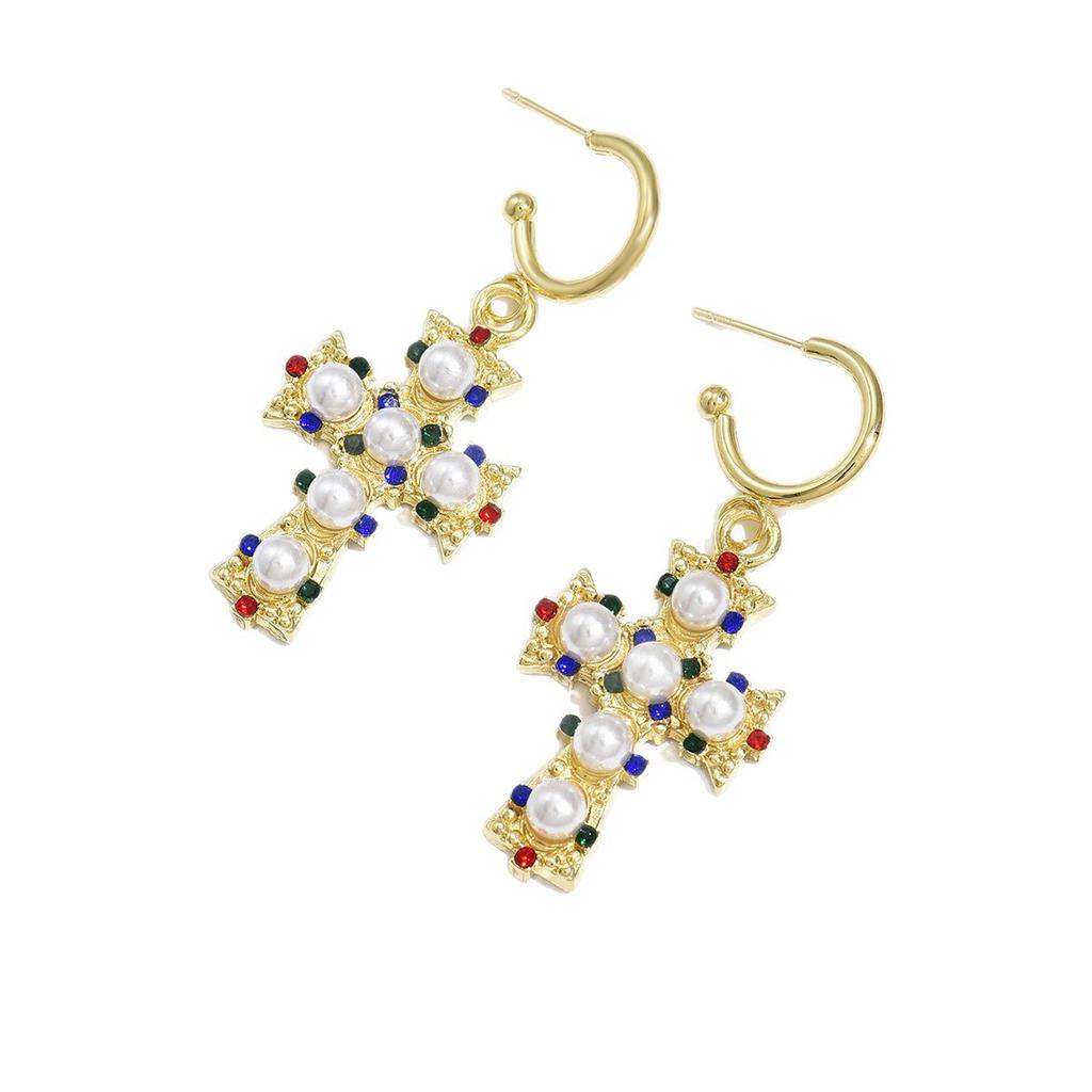 European and American new alloy cross pattern pearl stud earrings light luxury high-end design women's earrings jewelry