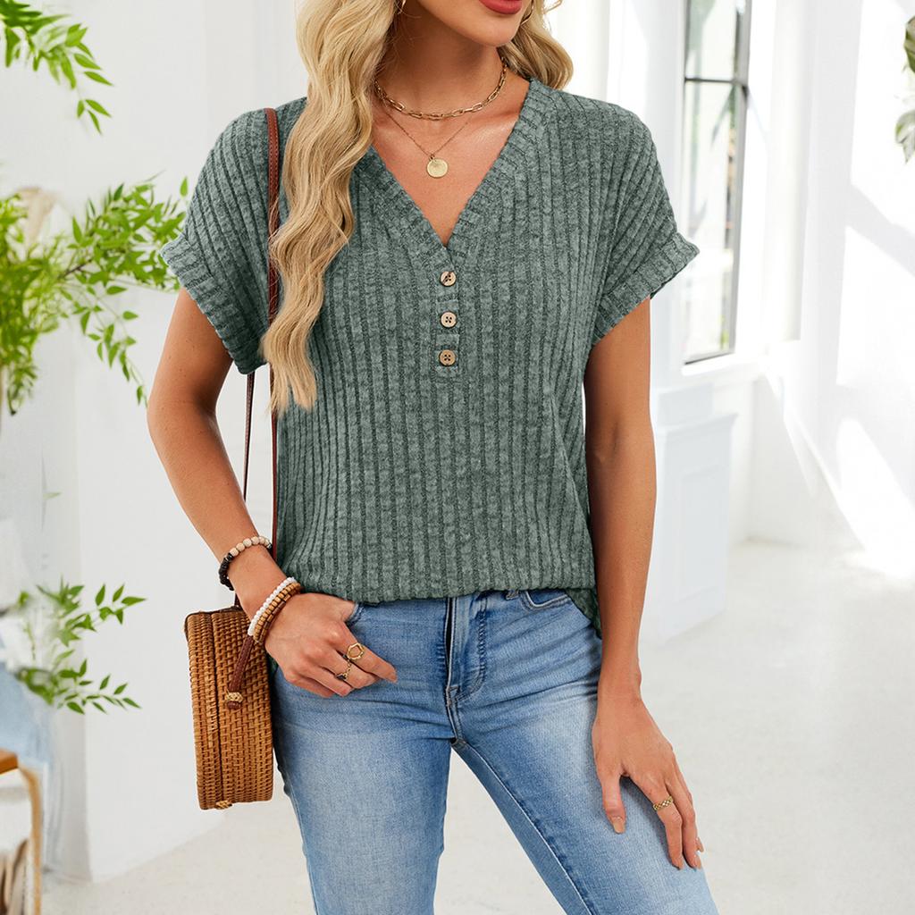 Women's Casual Fashion Comfortable V-Neck Button-Up Loose-Fit Top