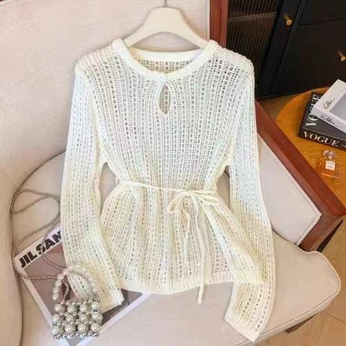 

Fashion versatile and thin hollow knitted sweater women s summer design sense waist strap split top women s sun protection Average size 55-31 абрикосовий