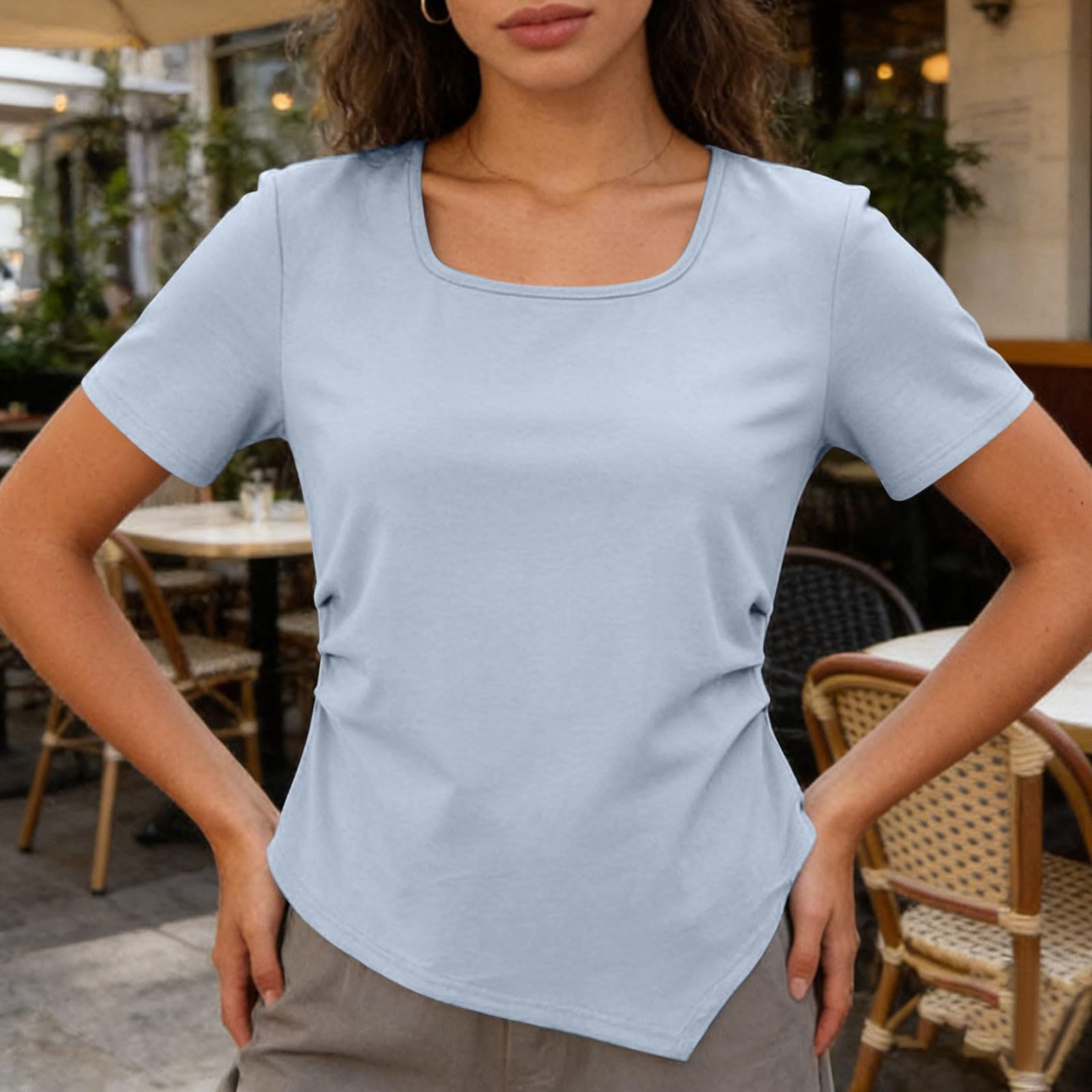 

Women Casual Square Neck Short Sleeve Shirt Irregular Hem Top Lightweight Soft Fabric Relaxed Fit Blouse for Everyday Wear M