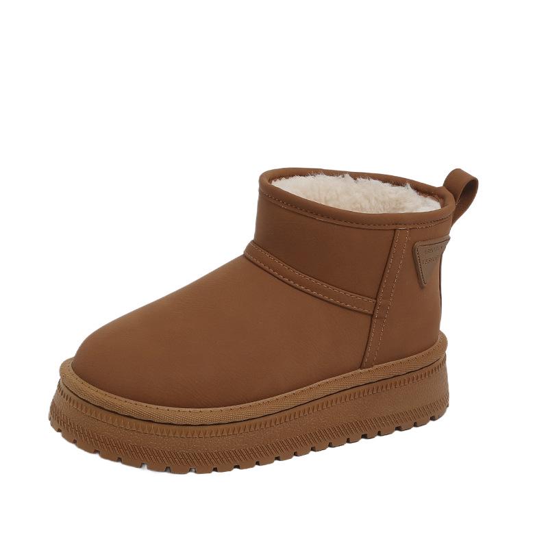 Women's 2025 Autumn/Winter Korean Fleece-Lined Leather and Fur Snow Boots with Thick Soles