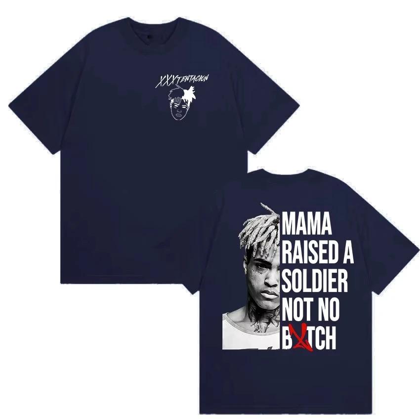 XXXTentacion Portrait "Mama Raised A Soldier" Quote Graphic Double Sided Oversized Streetwear Hip Hop Rap Fan Merch T-Shirt Top for Rap Enthusiasts