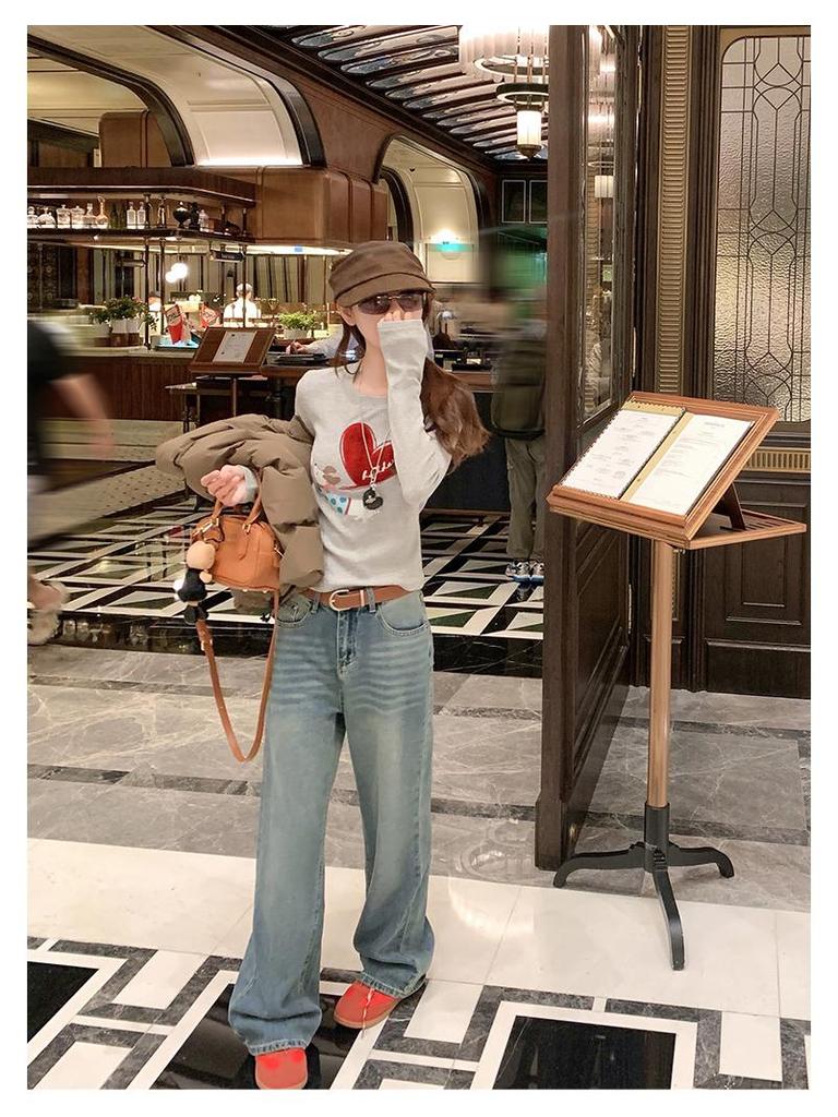 Women's Heart-Shaped Puppy Print Round Neck Long Sleeve T-shirt, Brushed for Spring, Autumn, Winter - Korean Style Fashion Base Layer.