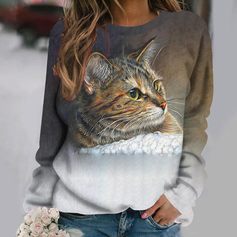 Tricouri pentru femei cu imprimeu cu pisici cu anime Pulover stil vintage din bumbac cu decolteu O Y2k cu mânecă lungă Îmbrăcăminte de damă Pulover de stradă supradimensionat