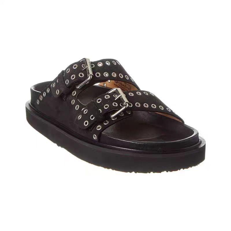 Fashion Summer Thick Soled Belt Buckle Rivet Women's Outdoor Slippers New Flat Round Toe Retro Casual Commuting Beach Sandals Size36-43