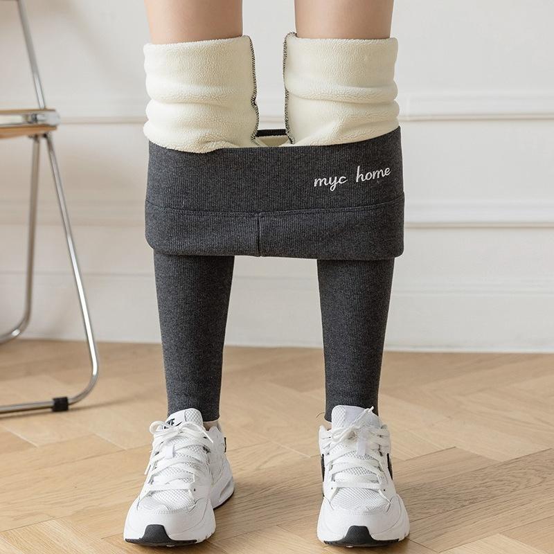 Winter Fleece Lined Leggings Women Tight Ankle Pants Gray Ribbed Slimming Sherpa Thick Warm Cotton Trousers