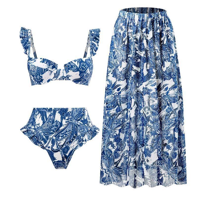 High-Waisted Push-Up Sheer Bikini Three-Piece Swimsuit Set with Long Skirt