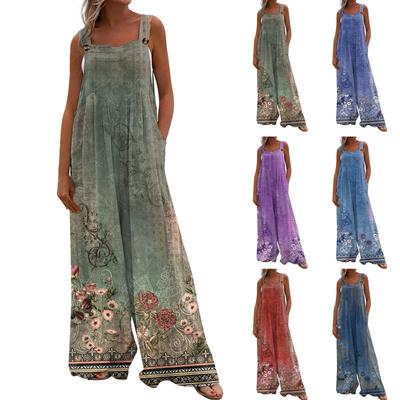Women's Fashion Casual Loose With Pockets  Sleeveless Printed Jumpsuit