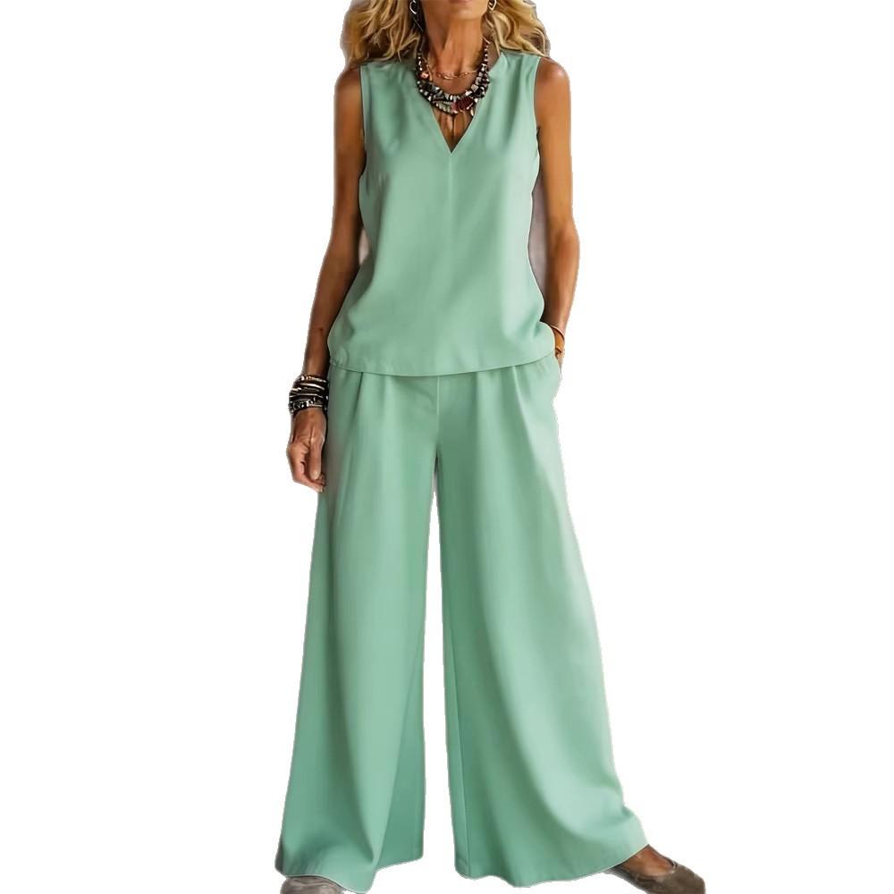 2026 Amazon Europe and the United States Cross-border Explosion Solid Color Elegant Two-piece Set V-neck Vest and Wide-leg Pants Set Women's Clothing