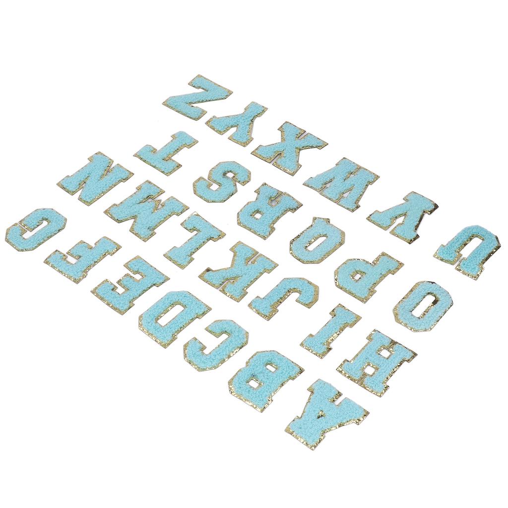 26 Pcs Iron On Letters A To Z Blue Letters Gold Glitter Border Clothing Sewing Embroidery Iron Patches Decorations