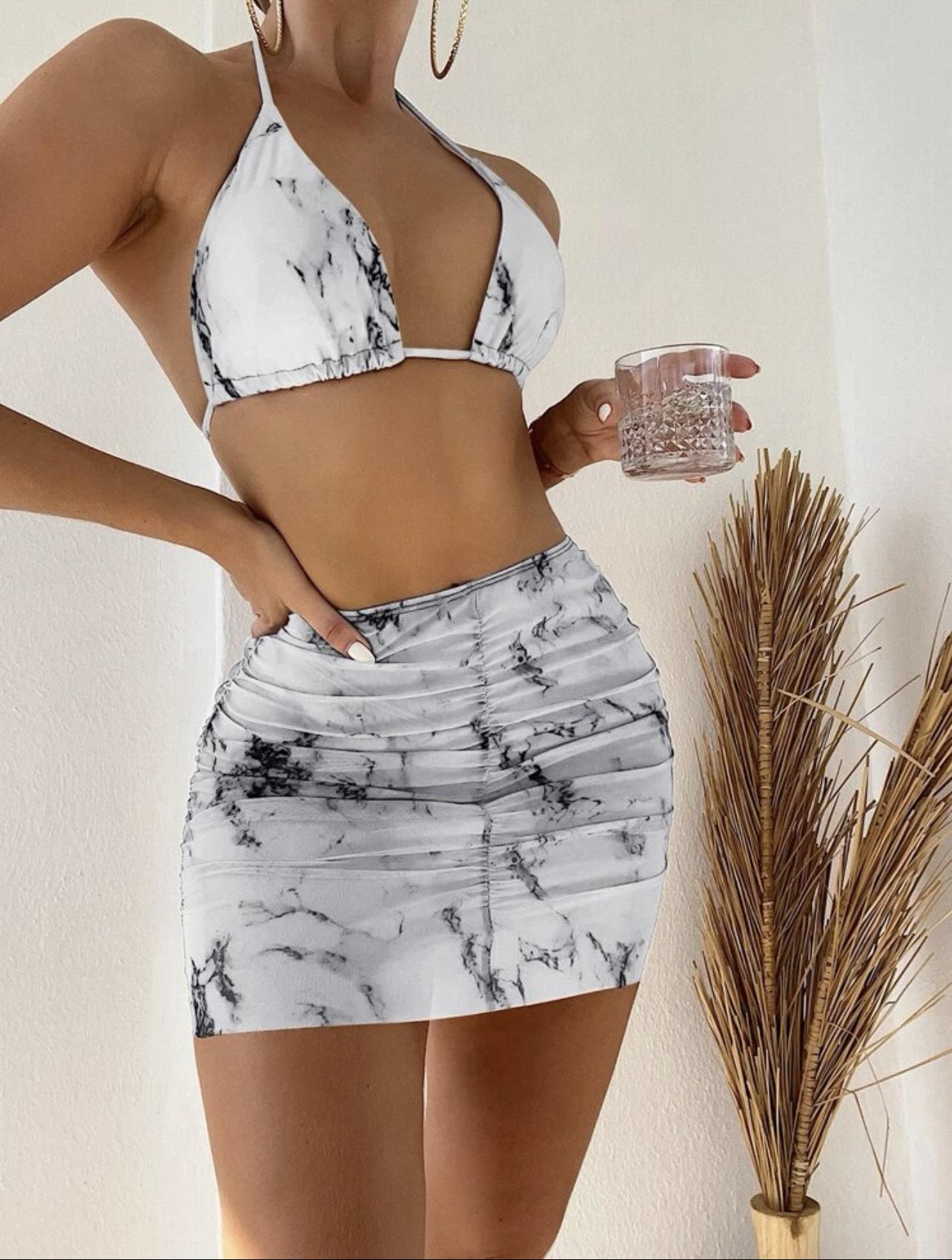 European and American marble print mesh three-piece short skirt swimsuit bikini bikini S белый