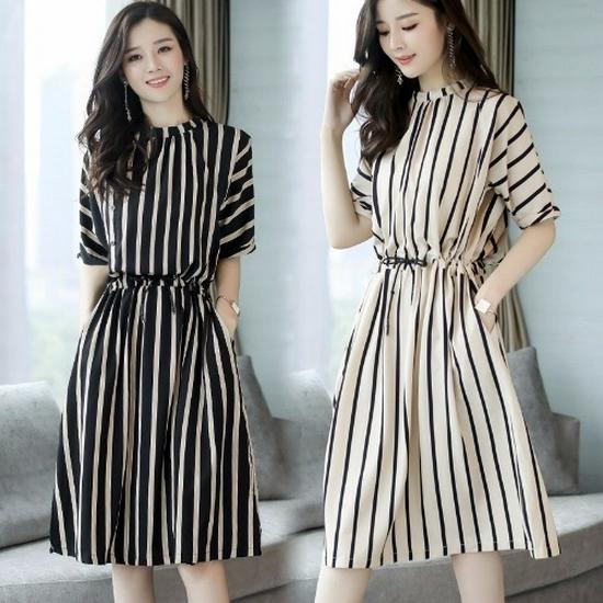 2021 Plus Size Korean Striped Midi Dress for Women - Spring/Summer Fashion