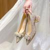 Middle Heel Pointed Head Thick Heel Single Shoes Women's 2025 Flat French Rhinestone Bow Bridal Shoes Temperament Dress Wedding Shoes Women