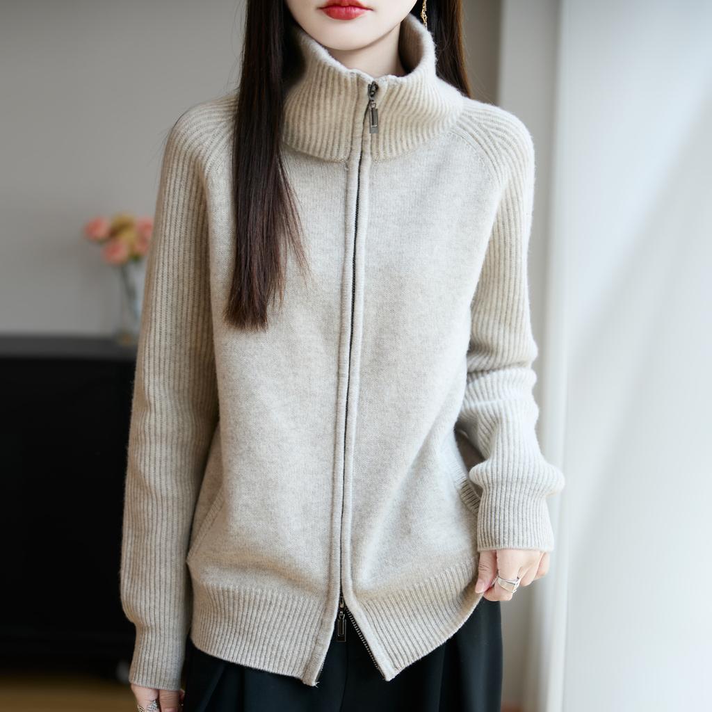 100 Wool Knitted Cardigan Women'S Jacket Autumn And Winter New Loose Thickened Sweater Single Zipper Versatile Sweater Stand-Up Collar