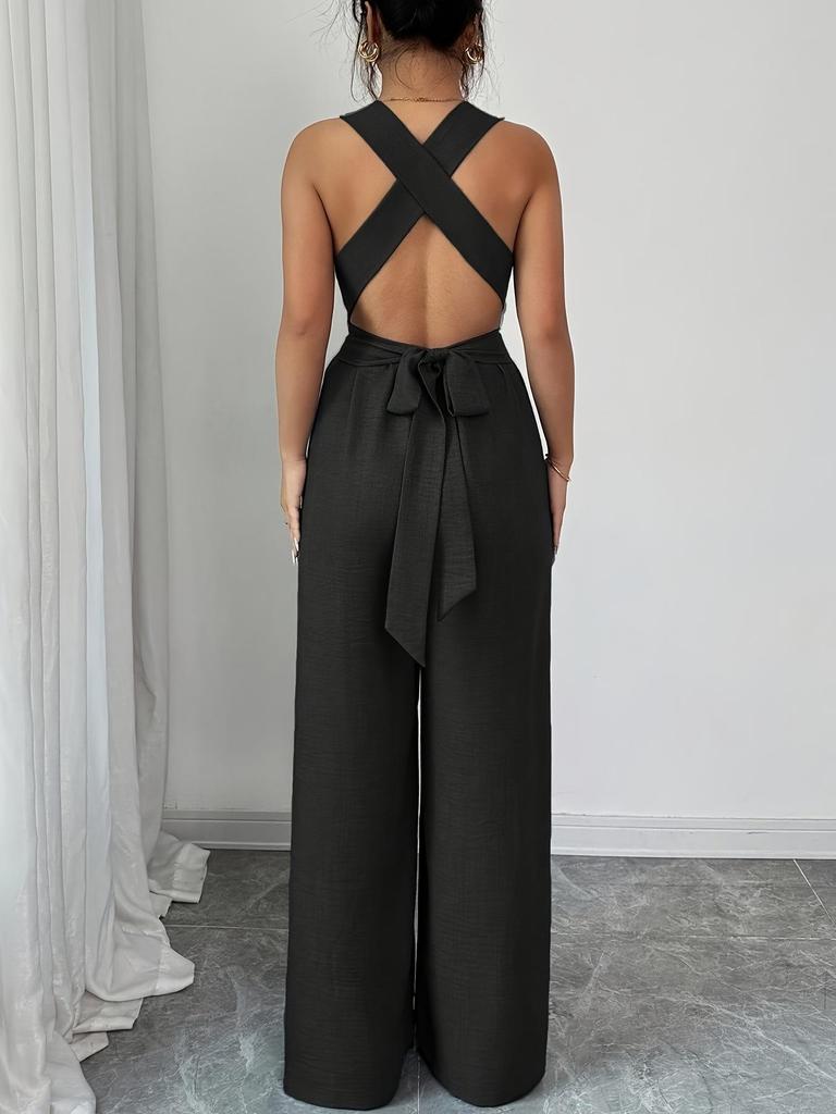 European Women's 2025 V-Neck Backless Cross-Waist Wide-Leg Jumpsuit