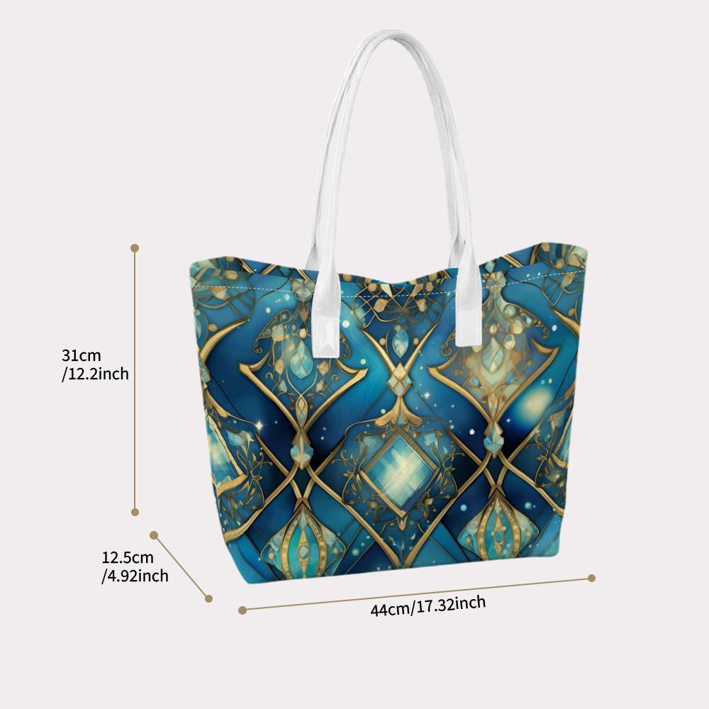 Elegant Blue Gold Pattern Tote Bag Fashion Portable Shoulder Bag for Daily Use