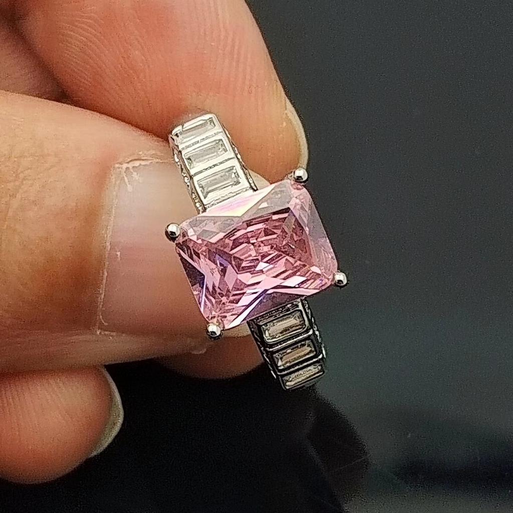 Rectangle Zircon Ring Women'S Inlaid High Carbon Diamond Light Luxury Versatile Niche Design High-Grade Pink Diamond Ring